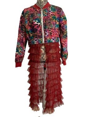 Animal Print Lightweight Bomber Jacket Open Front Tulle Mesh Bottom Womens SZ S